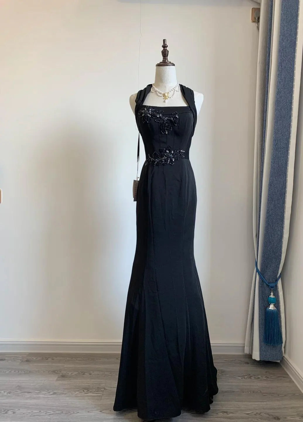 Square Neck Mermaid Beaded Long Prom Dresses Elegant Black Formal Evening Dress