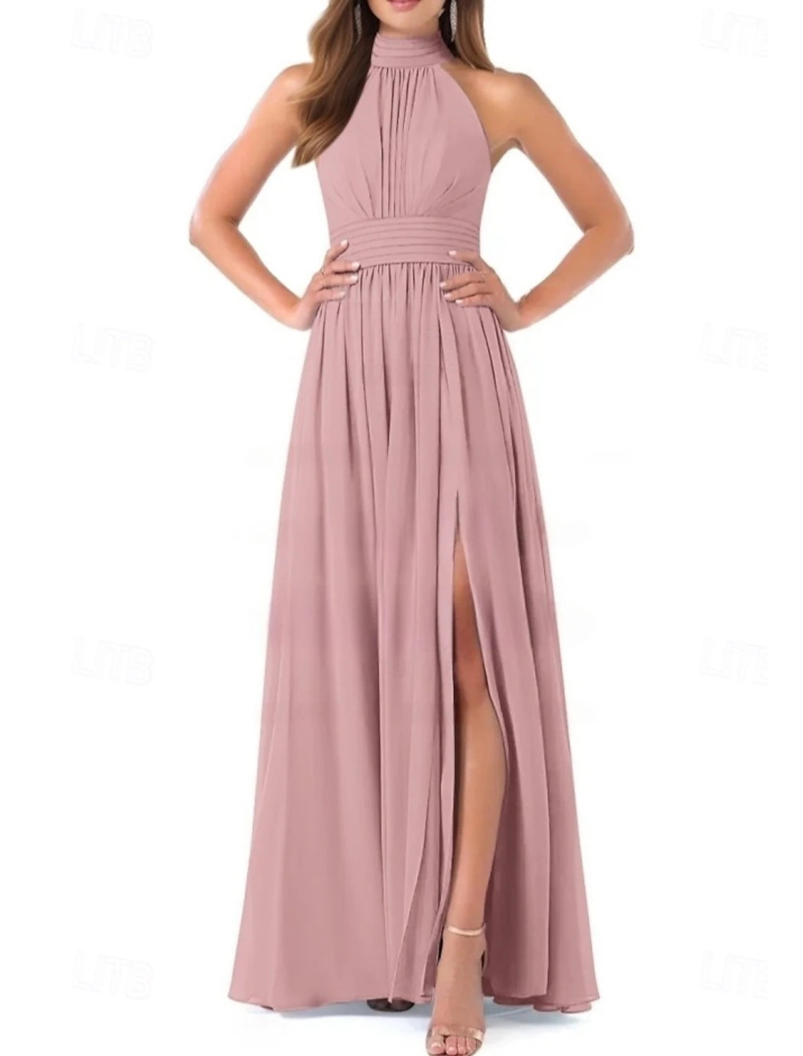 A-Line Bridesmaid Dress Halter Neck Short Sleeve Elegant Floor Length Chiffon with Pleats / Split Front / Ruching