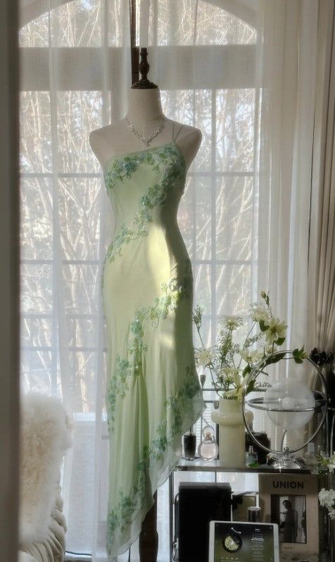 One Shoulder Beaded Chiffon Party Dress Gentle Green Sheath Evening Dress