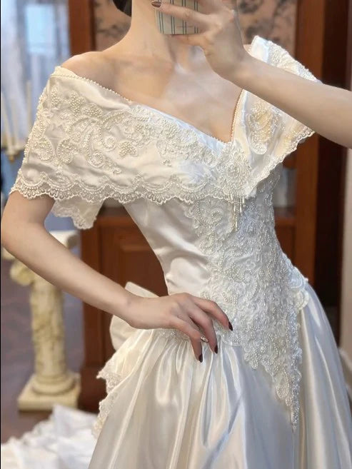 White Off-the-shoulder Satin Lace Beaded A-Line Vintage Elegant Royal Pearl Wedding Dress