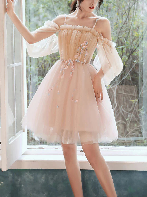 Champagne Tulle Lace Short Prom Dress Lace Retract Your Waist Puffy Homecoming Dress