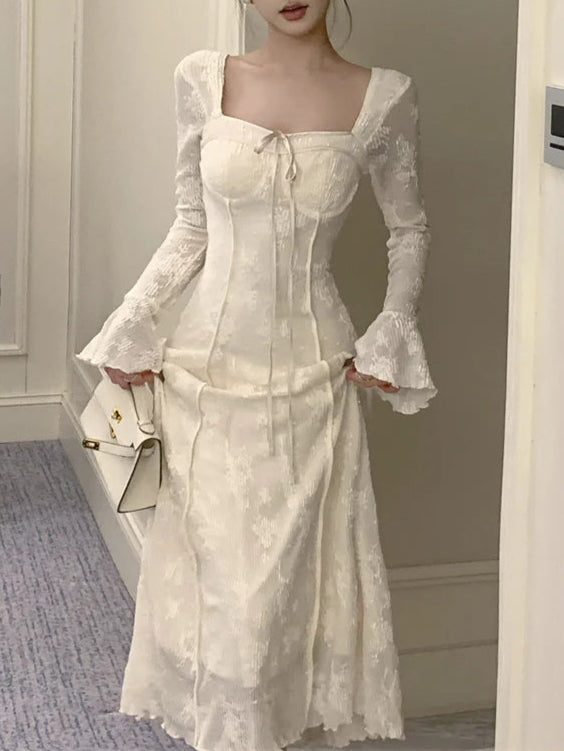 French elegant bow A-line long retract your waist white party dress