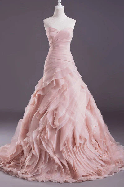 Elegant A Line Sweetheart Neck Tiered Pink Tulle Long Prom Dress Graduation Evening Dress