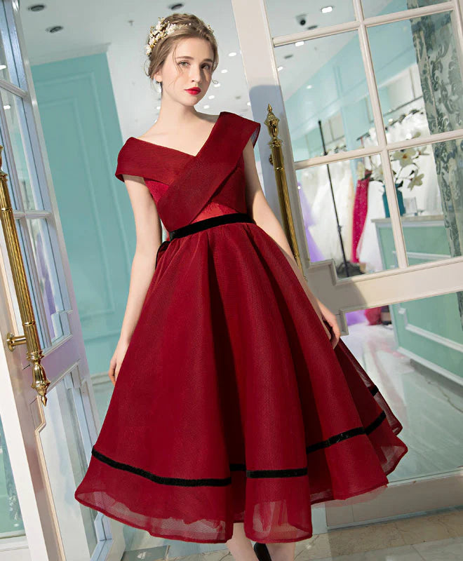 Burgundy V Neck Tea Length Prom Dress, Unique design Evening Dress
