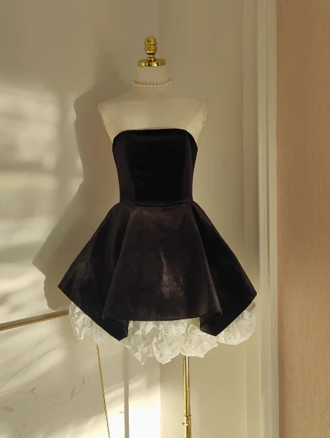 Tube Top Mesh Patchwork 3D Flower Contrast Color Dress A-line Velvet birthday dress