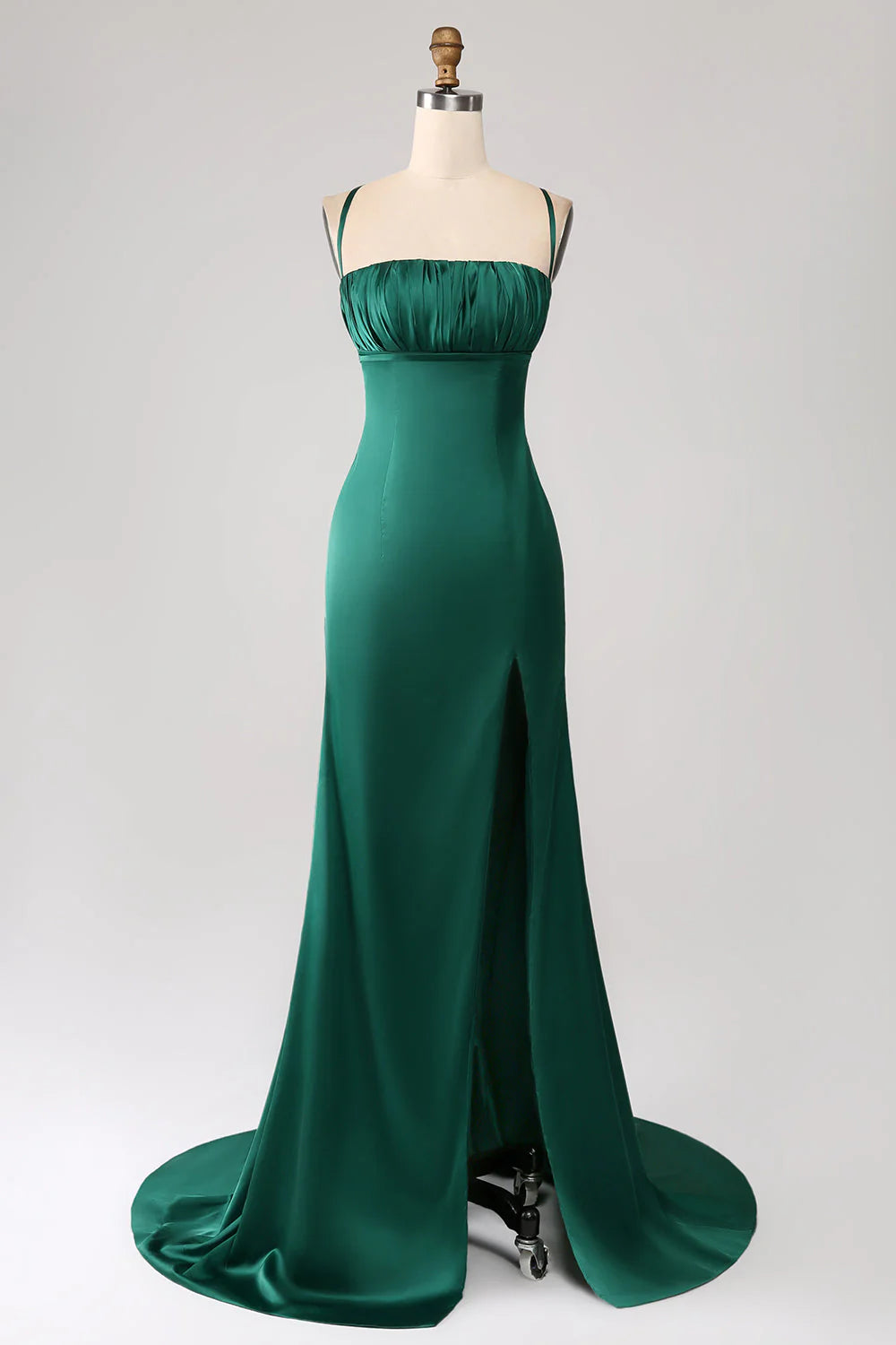 Dark Green Mermaid Spaghetti Straps Satin Evening Dress With Pleated