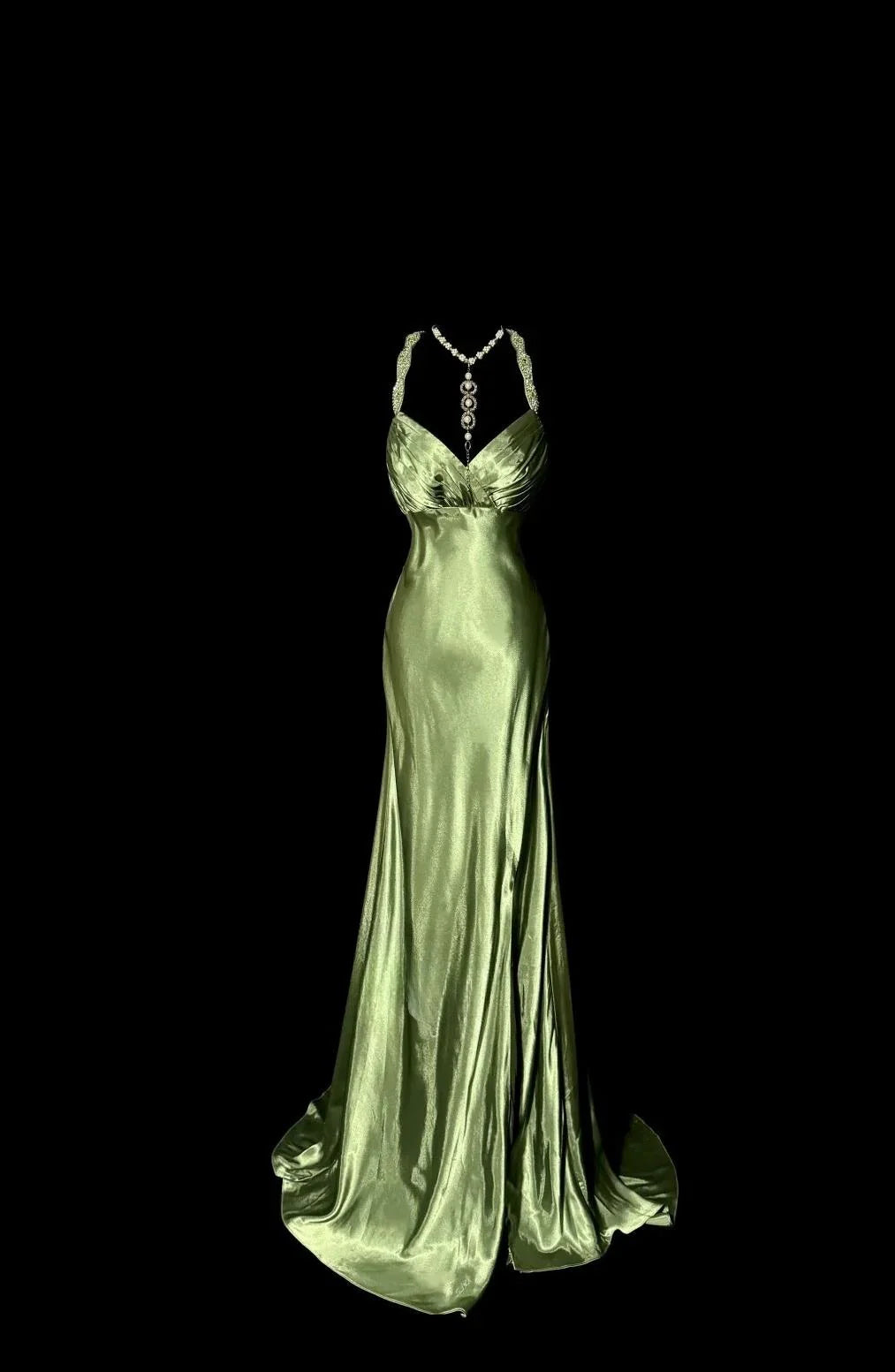 V-neck Satin Mermaid Long Prom Dresses Vintage Beaded Elegant Green Evening Dress
