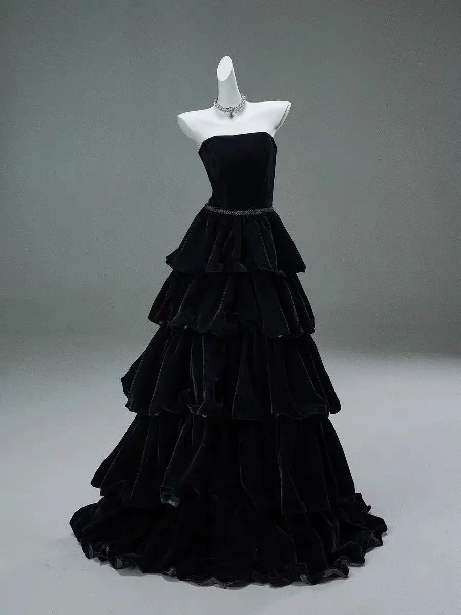 Tiered Black Velvet Long Prom Dress A Line Strapless Evening Dress