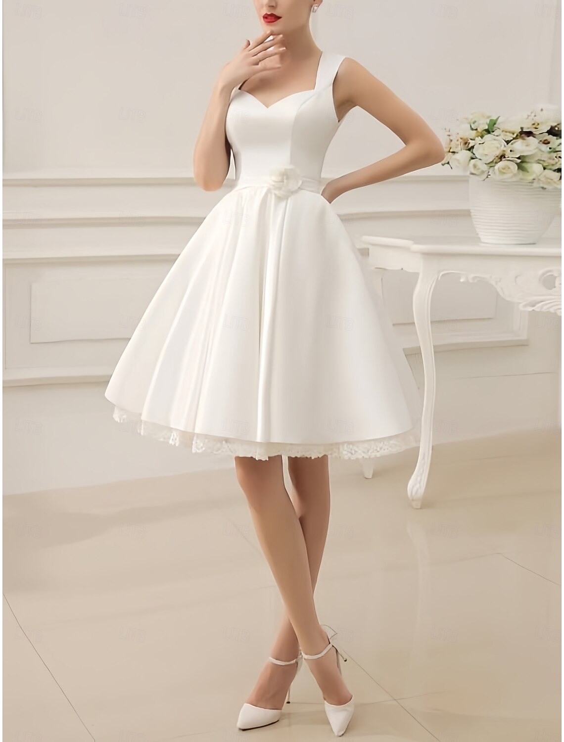 Little White Dresses Wedding Dresses A-Line Square Neck Sleeveless Short Satin Bridal Gowns
