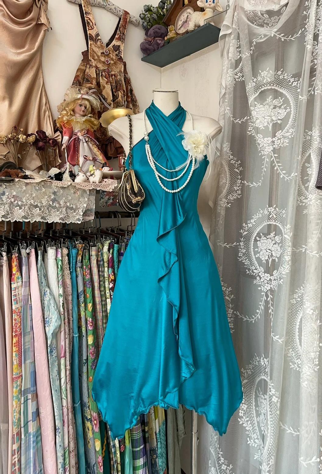 A-line Halter Satin Prom Dress Turquoise Sexy Sleeveless Party Dress