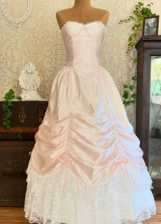 Neck Pearls Lace Light Pink Satin Birthday Dress Vintage Sweetheart Wedding Dress