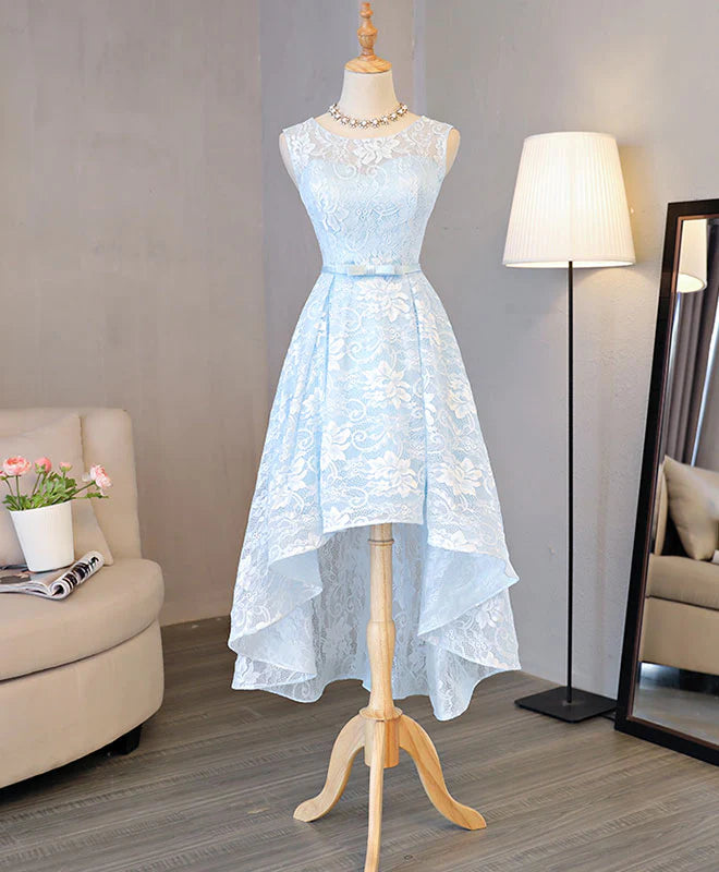 Light Blue Lace High Low Prom Dress, Appropriate color matching Homecoming Dress