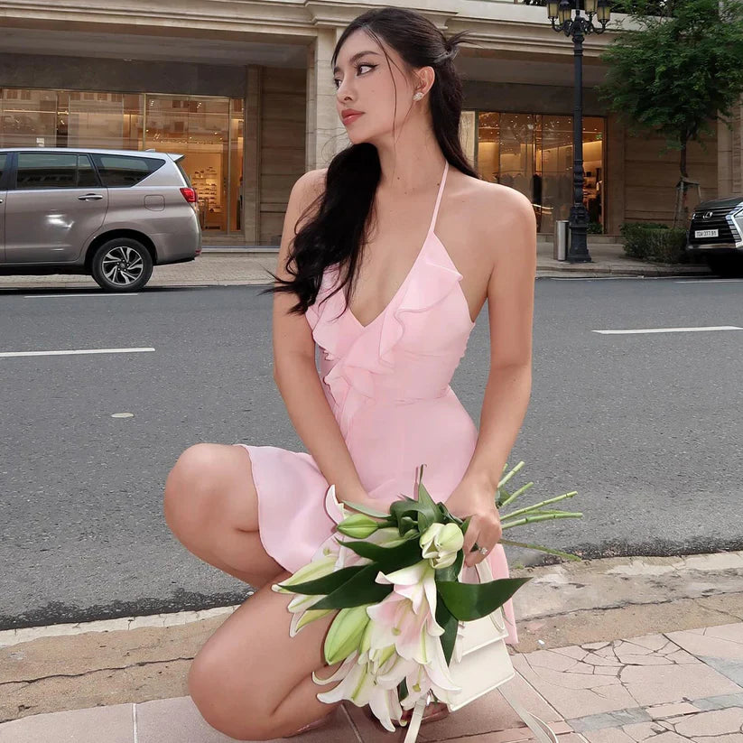 Pink A Line V Neck Ruffles Chiffon Short Retract Your Waist Homecoming Dress Outfits