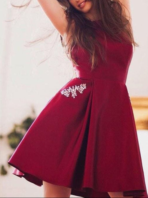 Bridelily A-Line Sleeveless Sheer Neck Retract Your Waist Satin Mini Dresses With Beading