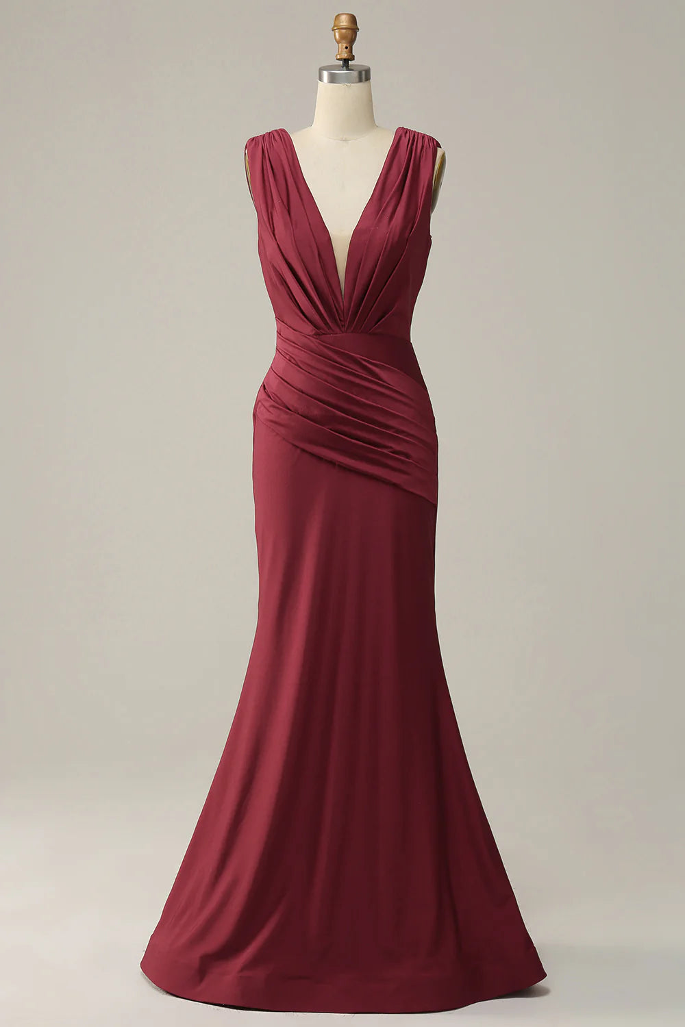 Burgundy Deep V Neck Sleeveless Ruched Retract Your Waist Prom Dress