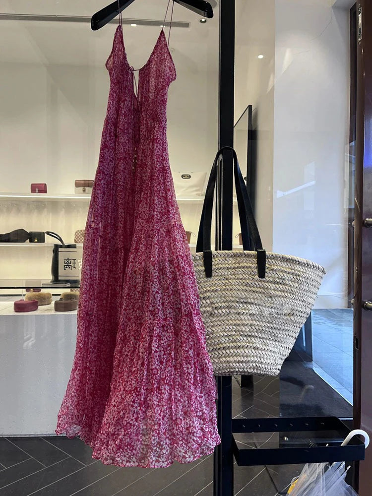 Hot Pink Floor Length Floral Beach Dress Women's Cute A line Straps Ruffled Prom Dresses