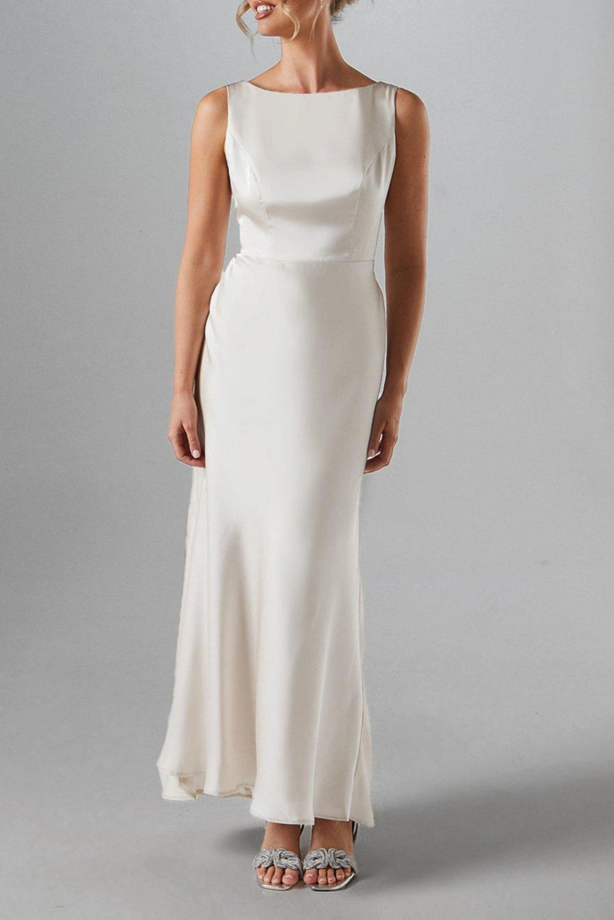 Sleeveless Satin Top-quality fabric Round Neck Retract Your Waist Bridesmaid Dress