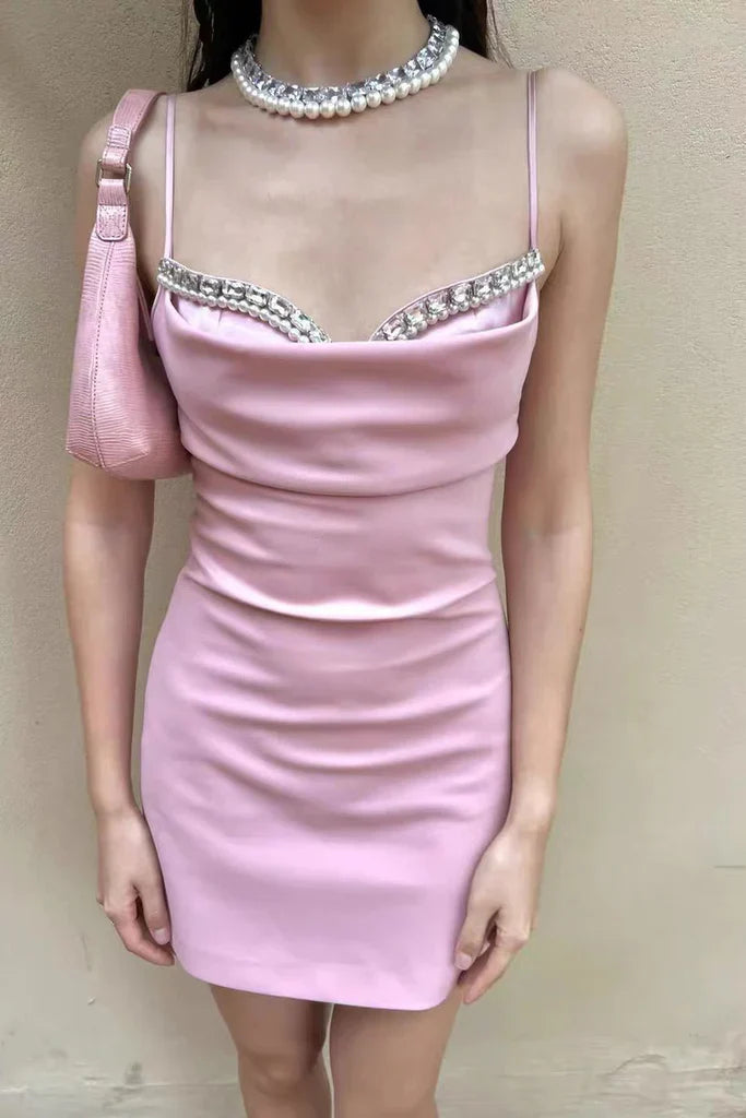 Pink Spaghetti Straps Short Prom Dress With Beading, Bodycon Homecoming Gown