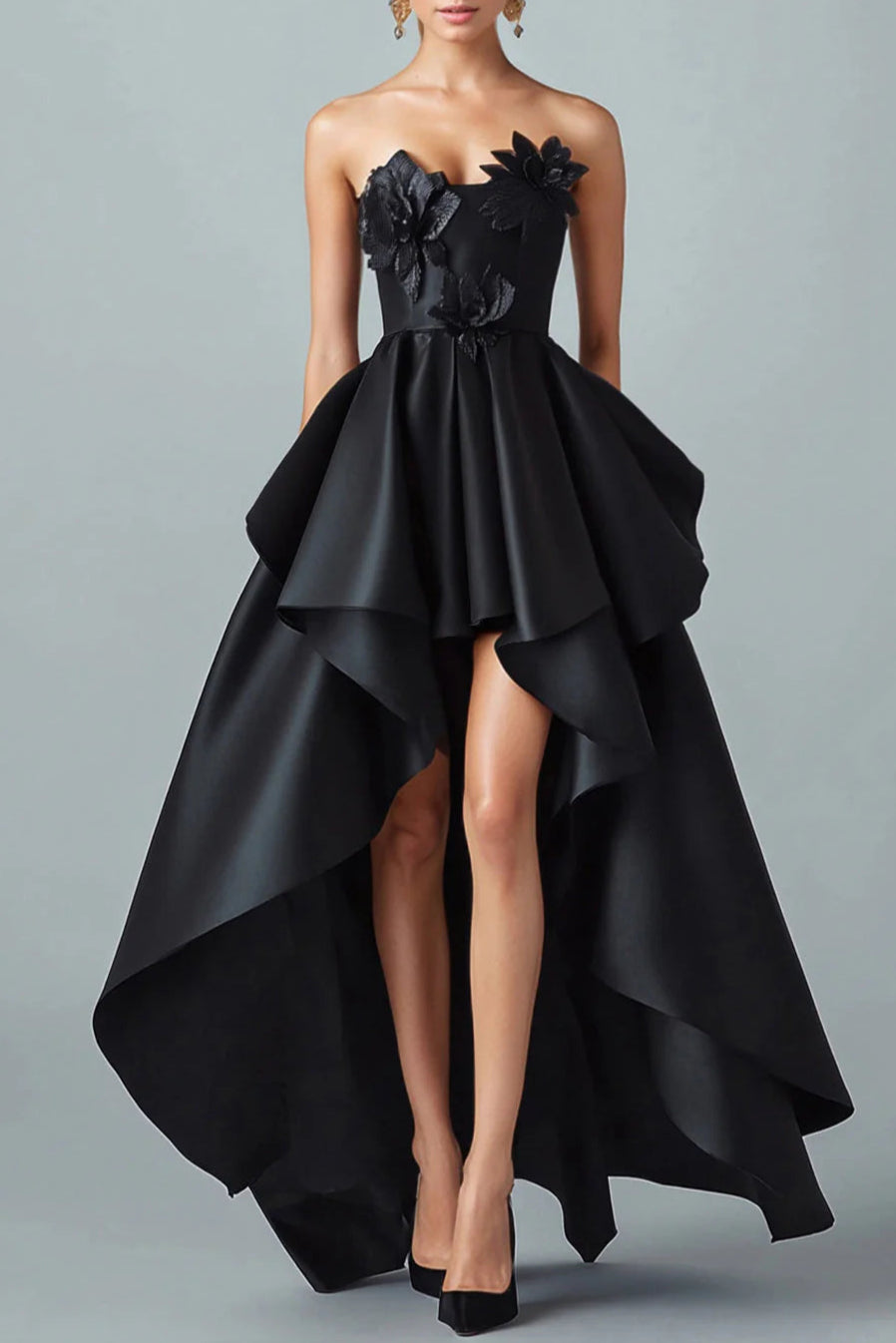 A-Line Strapless Sparkly Black Hi-Low 3D Flowers Ruffle Satin Formal Dress