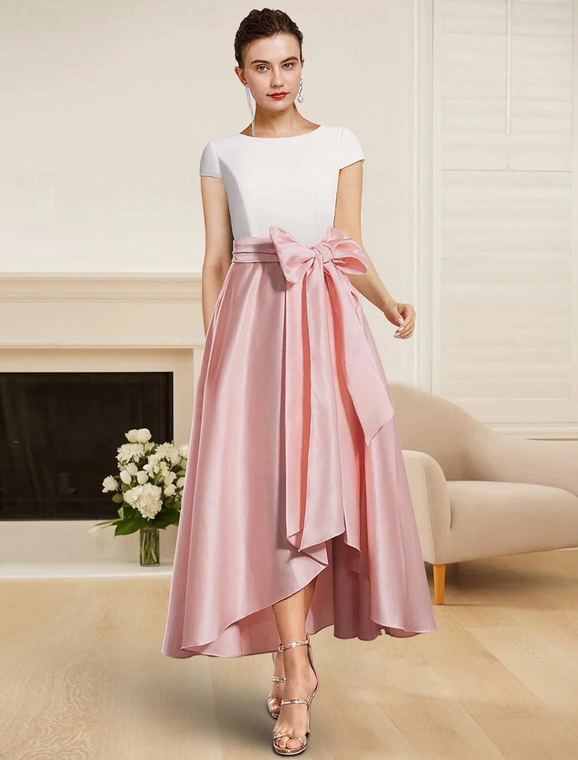 A-Line Mother of the Bride Dress Wedding Guest Elegant High Low Jewel Neck Tea Length Satin Short Sleeve with Sash / Ribbon