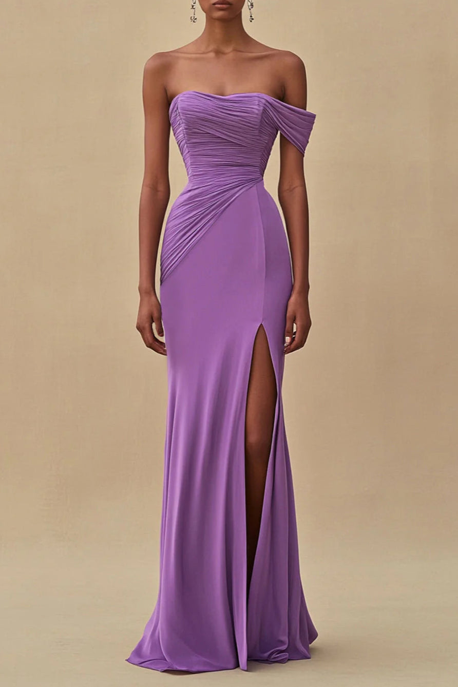 Full of charm Off Shoulder Purple Mermaid Long Formal Dress With Slit