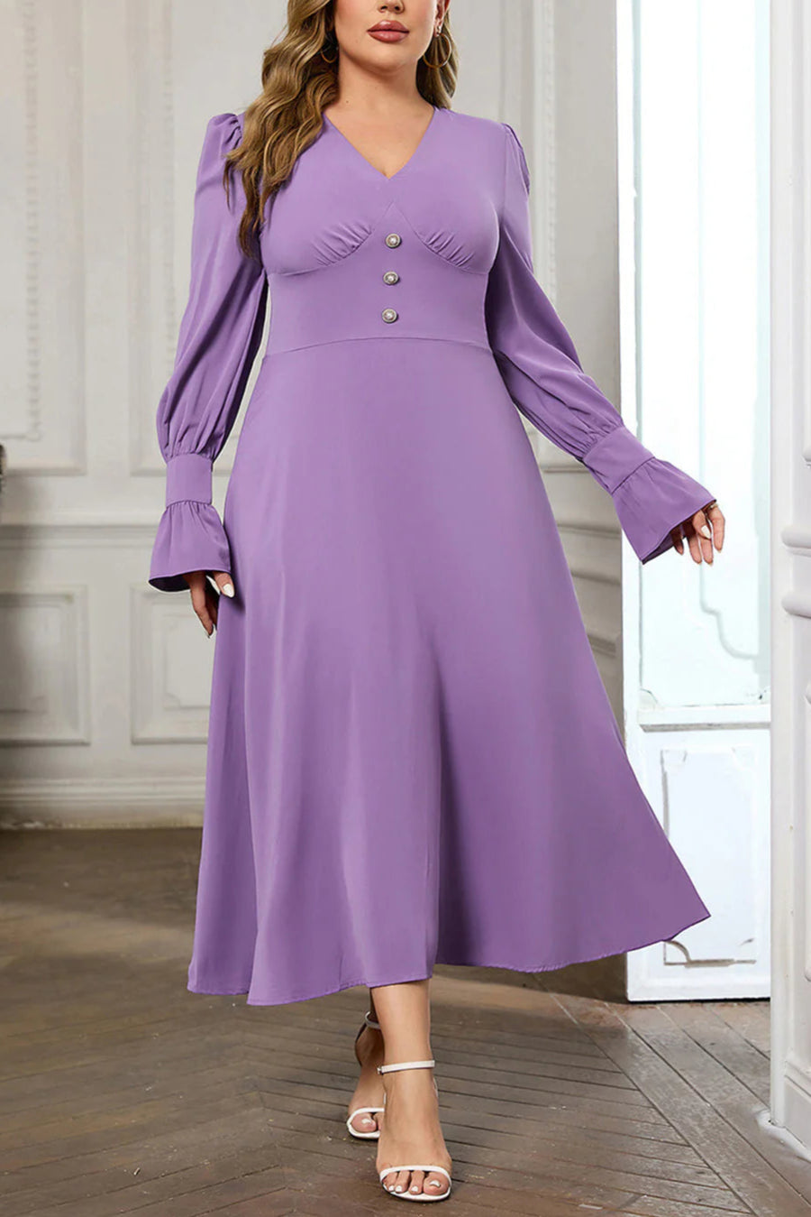 Violet V Neck Long Sleeve Plain Retract Your Waist Midi Bodycon Prom Dress