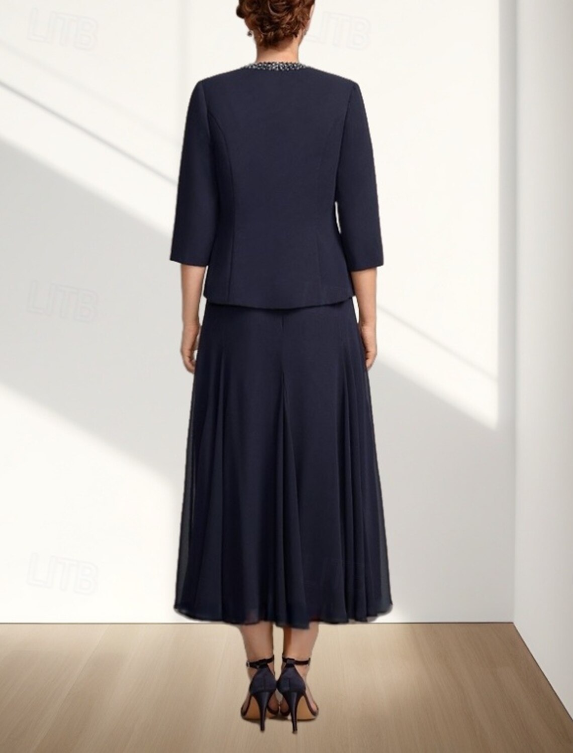 Two Piece A-Line Mother of the Bride Dress Wedding Guest Elegant Crew Neck Tea Length Chiffon 3/4 Length Sleeve with Beading Midi Dress