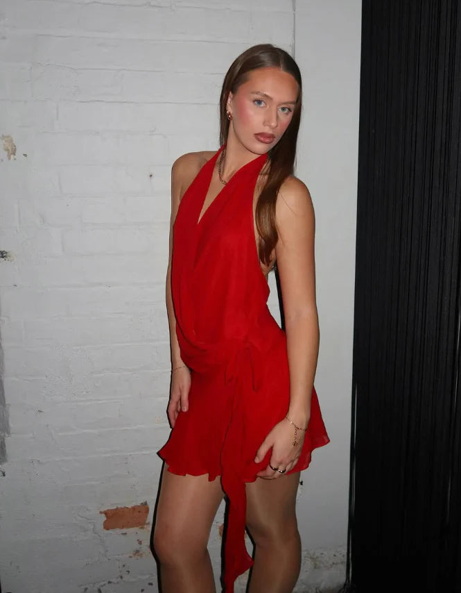 Halter Red Chiffon Short Homecoming Dress Sexy A Line Birthday Dress
