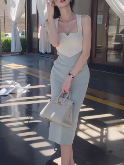 French retro contrast color splicing V-neck knitted Retract Your Waist Party Dress