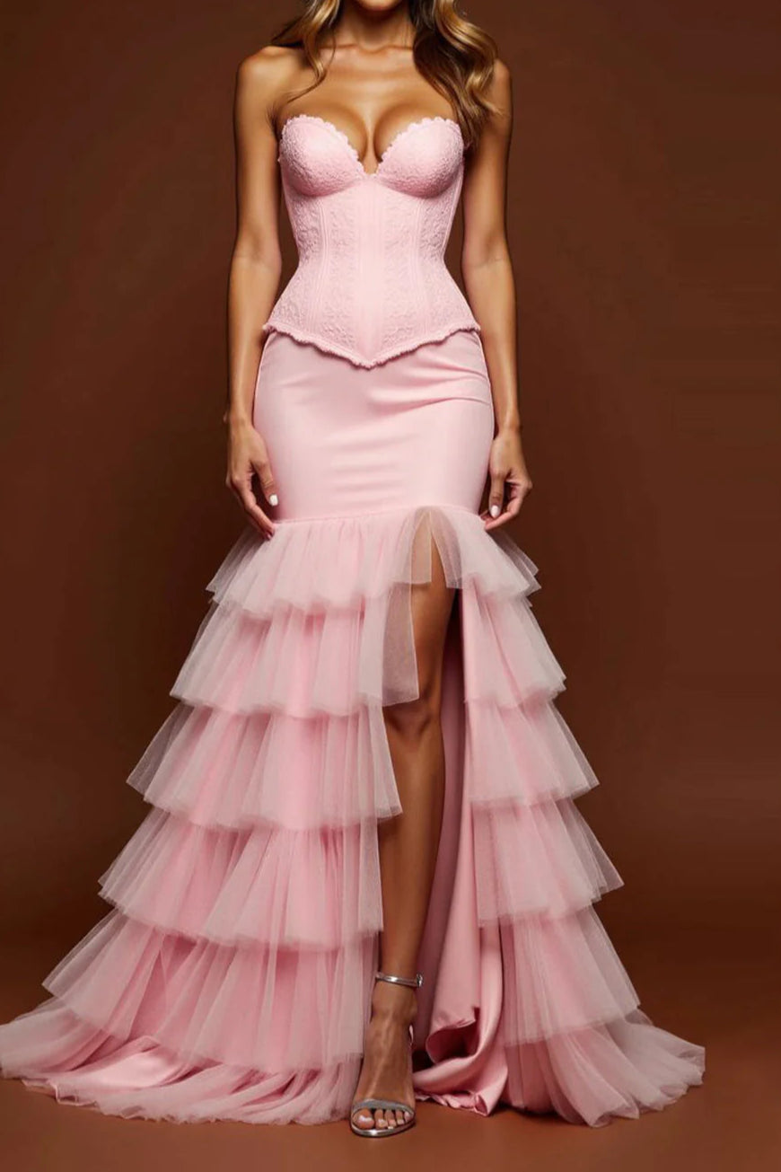 Sweetheart Blush Pink Mermaid Tulle Long Corset Prom Dress With Slit