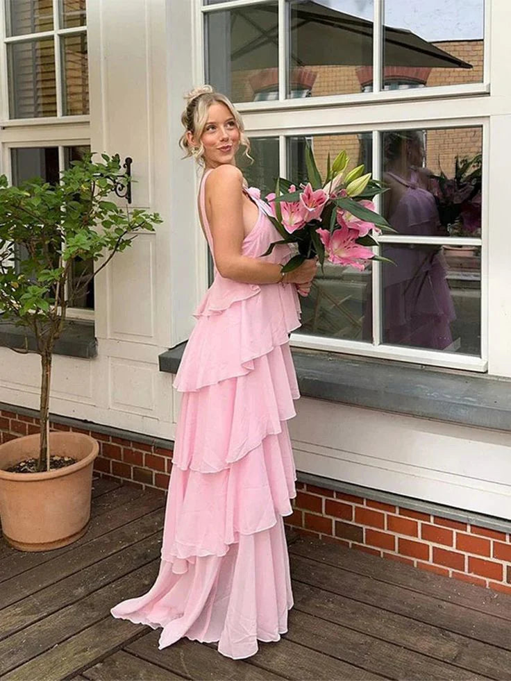 Pink A Line Chiffon Long Evening Dress Halter Ruffle Prom Dress