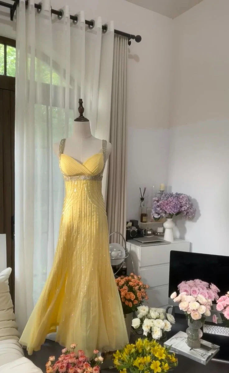 Yellow A Line Strap Beaded Sequin Chiffon Open Back Prom Dress