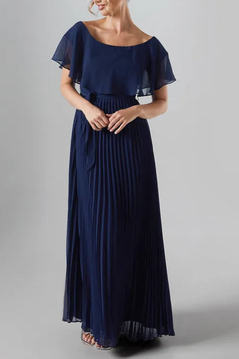 Crinkle Chiffon Bardot Retract Your Waist Unique design Bridesmaid Maxi Dress