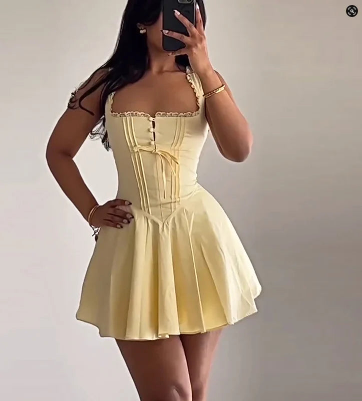 A-Line Spaghetti Straps Satin Short Birthday Party Dress Fashion Butter Yellow Homecoming Dress