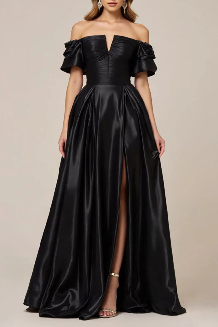 A Line Satin Off The Shoulder Long Black Tie Evening Dress With Slit