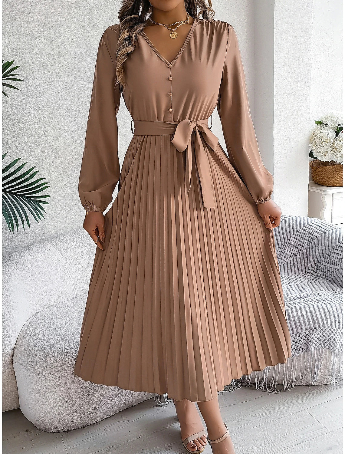 Women's Vintage Dress Mini Dress Pleated High Waist Elegant Formal V Neck Long Sleeve