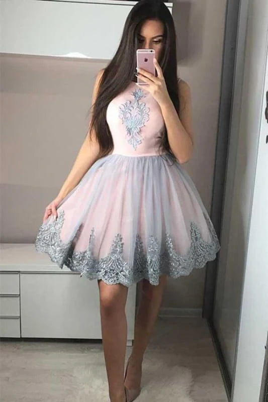 Cute A-Line Round Neck Pink Homecoming Dress Short Prom Dress with Appliques