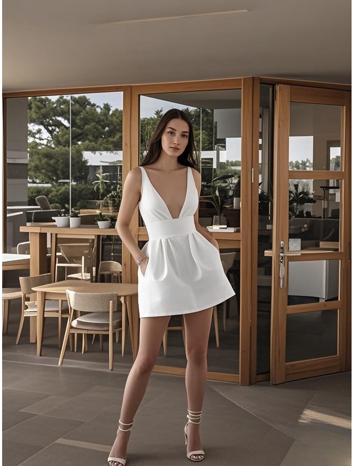 Engagement Little White Dresses Wedding Dresses A-Line V Neck Sleeveless Mini Taffeta Bridal Gowns With Pleats Pocket