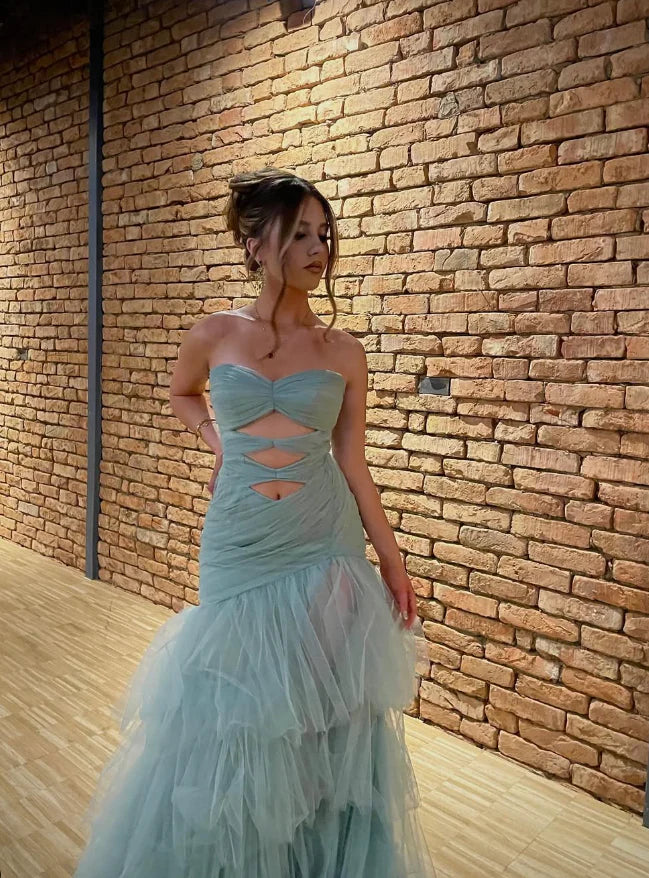 Sweetheart Neck Blue Tulle Long Prom Dress Unique Mermaid Evening Dress