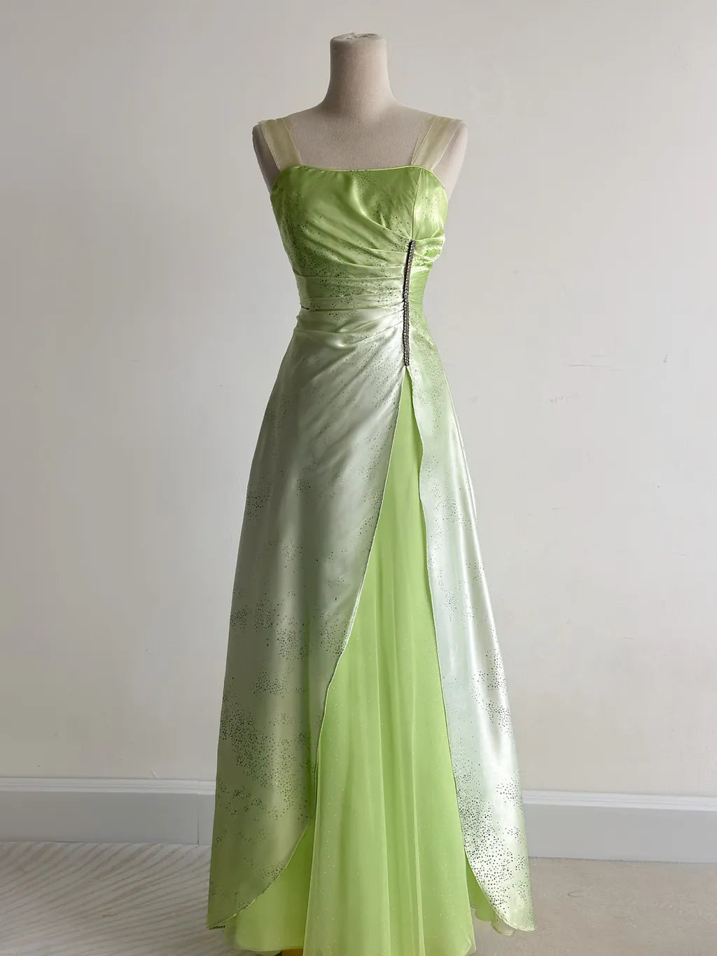 Green Square Neck A-Line Satin Sequins Prom Dresses Vintage Tulle Fairytale Party Dress