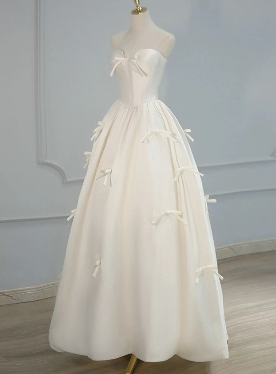 Sweetheart Neck Bow Satin Long Prom Dress White A Line Evening Dress