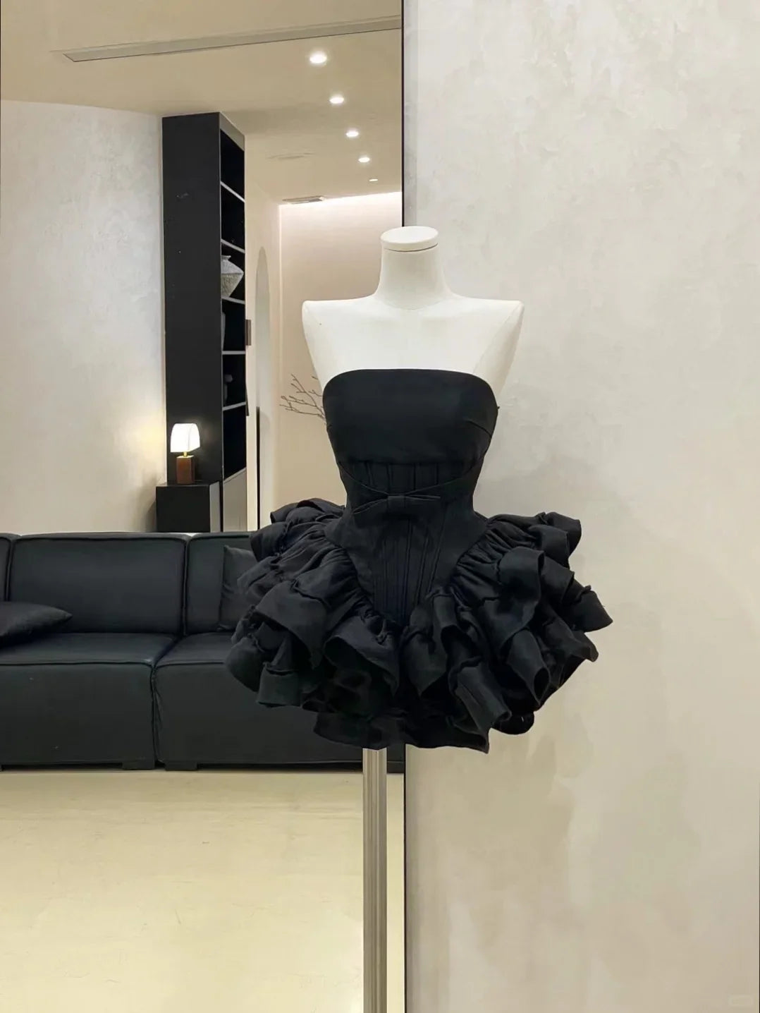 Satin Ruffles Pleated Short Party Dress Classy Strapless Black Homecoming Dress