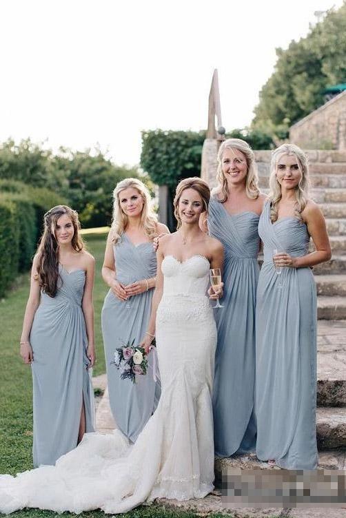 Flowy Long one Shoulder Cheap Dusty Blue Chiffon Bridesmaid Dresses with Slit