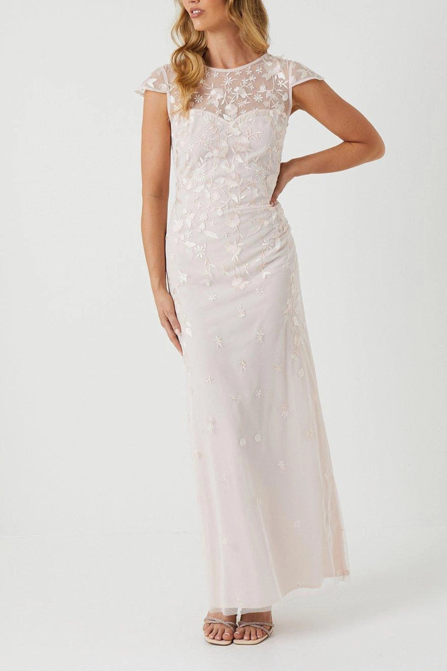 Floral Embroidered Cap Sleeve Full of charm Slim-fit Bridesmaid Maxi Dress