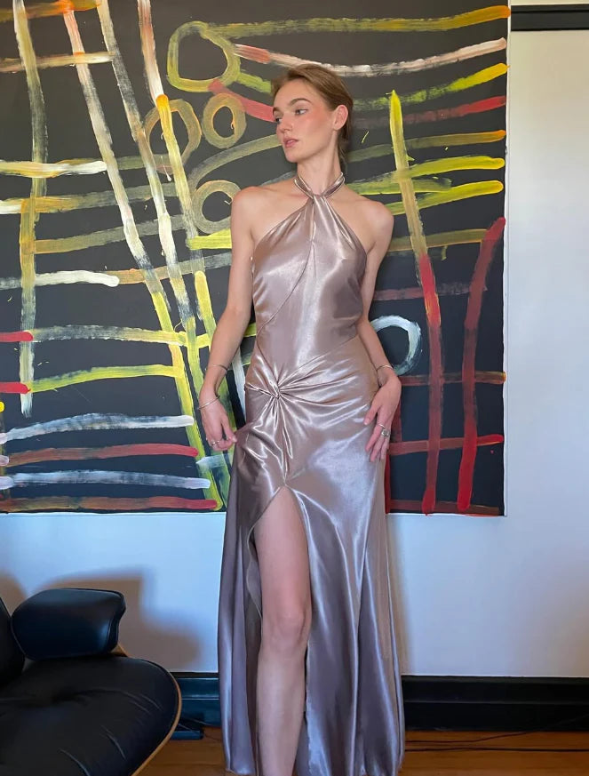 Simple A Line Halter Brown Satin Open Back Long Prom Dress