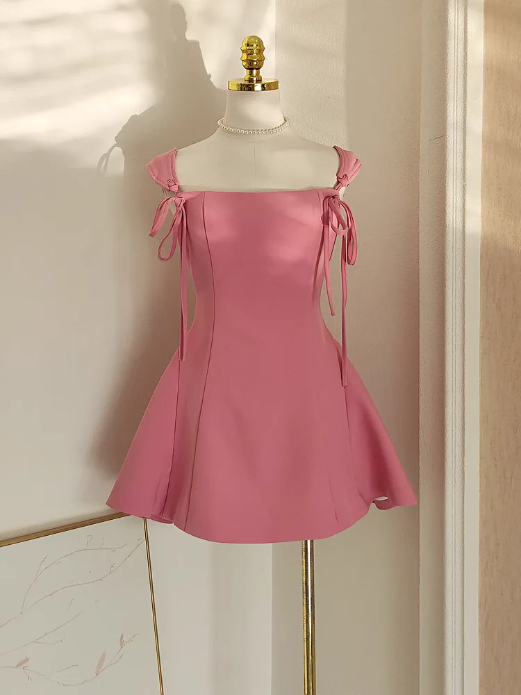 Unique design A Line Straps Pink Satin Cute Short Homecoming Dresses Birthday Outfits