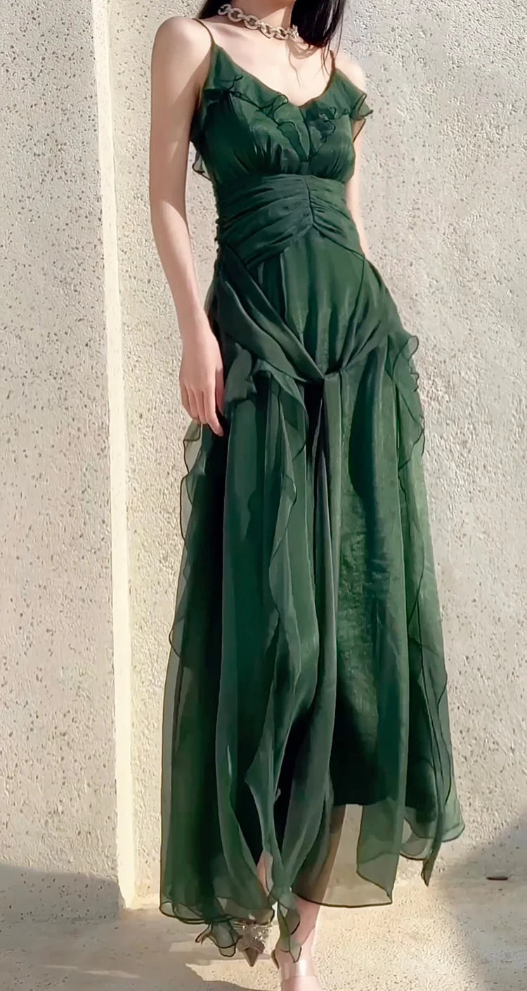 Vintage Green A-Line Long Prom Dress V-Neck Layered Spaghetti Strap Chiffon Evening Gown