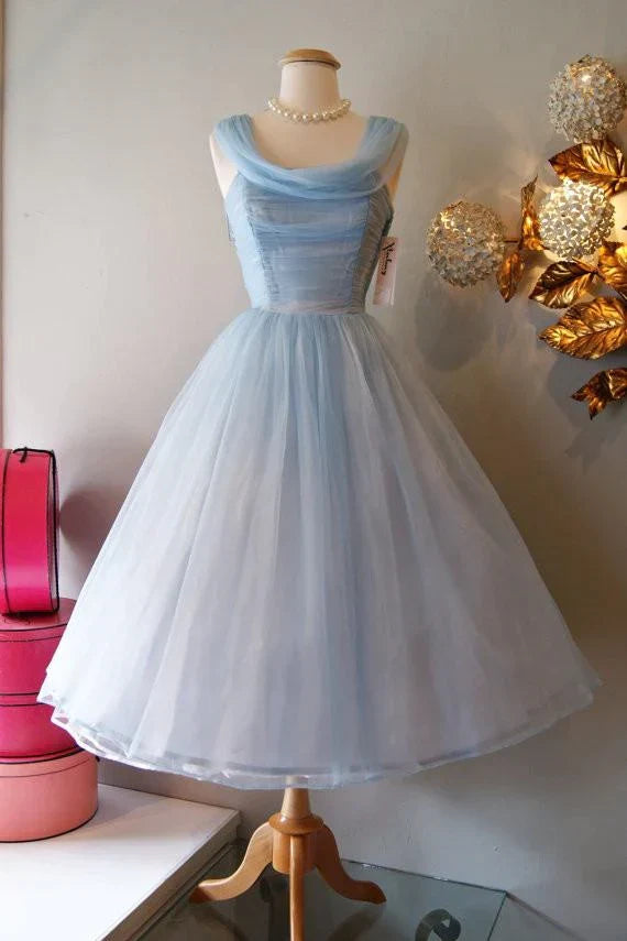 Vintage Blue Homecoming Dress Retract Your Waist Elegant Prom Dress