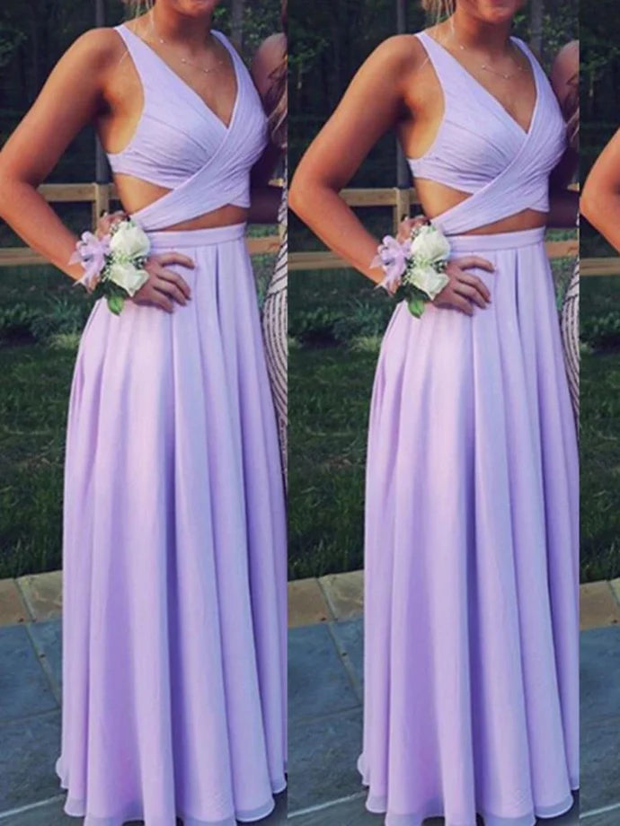 V Neck A Line Long Lavender Prom Dress, Long 2 Pieces Bridesmaid Dress