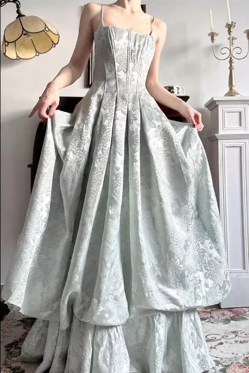 Vintage Spaghetti Straps A-Line Long Prom Dresses Jacquard Satin Sweet Backless Evening Gowns